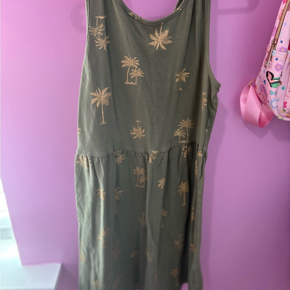 Old Navy Olive Green Tank Dress with Gold Palm Print